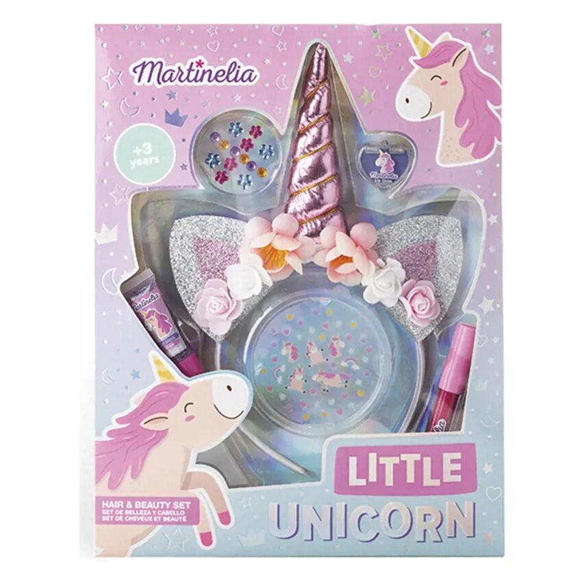 Martinelia kosmetikos rinkinys Little Unicorn vaikams: lūpų blizgis, 3 vnt. + plaukų aksesuaras + lipdukai цена и информация | Kosmetika vaikams ir mamoms | pigu.lt