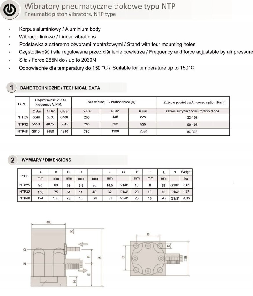 Pneumatinis stūmoklinis vibratorius NTP25, 1 vnt. kaina ir informacija | Mechaniniai įrankiai | pigu.lt