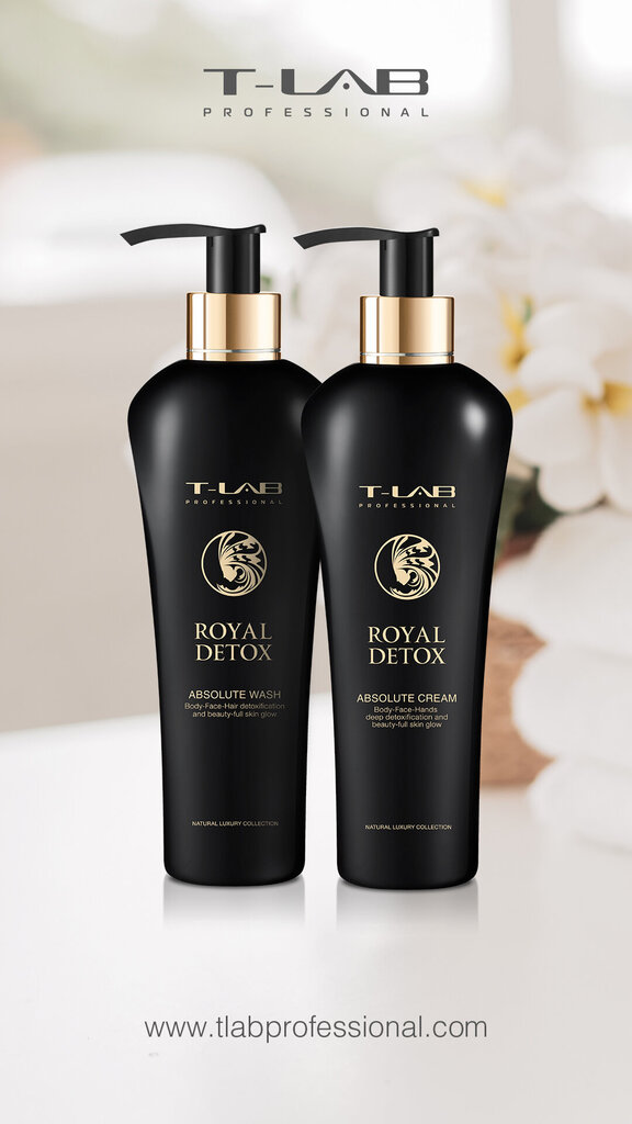 Rinkinys kūno priežiūrai T-LAB Professional Royal Detox Duo Absolute Wash – prabangus kūno prausiklis 300ml + Absolute Cream – prabangus kūno kremas 300ml kaina ir informacija | Priemonės plaukų stiprinimui | pigu.lt