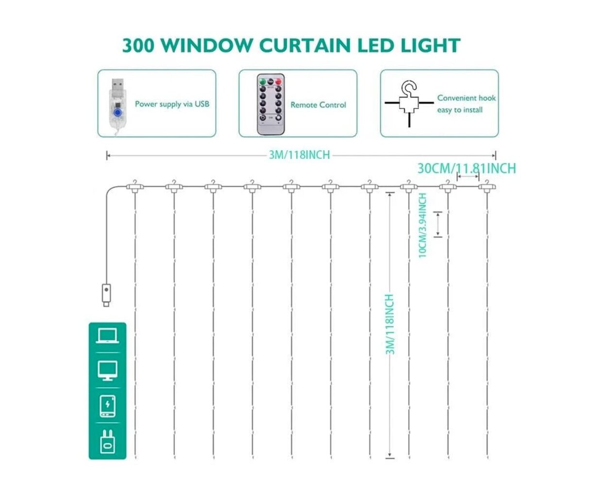 LED šviesos užuolaida su nuotolinio valdymo pulteliu, 300 LED, 3m kaina ir informacija | Girliandos | pigu.lt