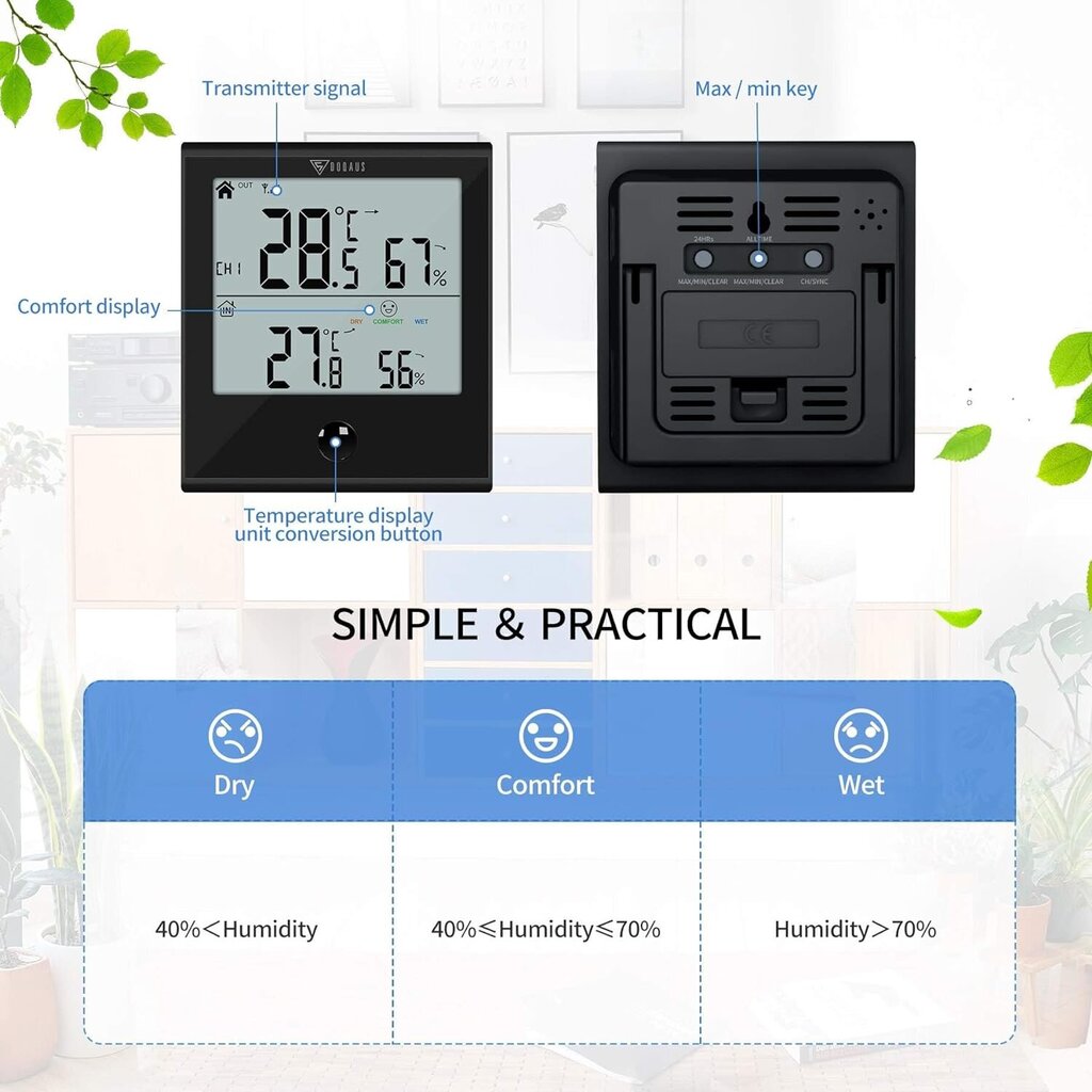 Termometras ir higrometras su dideliu LCD ekranu Doqaus HM2 kaina ir informacija | Meteorologinės stotelės, termometrai | pigu.lt