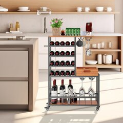 Кухонная сервировочная тележка bimiti, винная стойка, деревянный поднос, на колесах, черная цена и информация | Кухонные шкафчики | pigu.lt