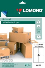 Lomond Self-Adhesive Paper Universal Labels, 4/105x148,5, A4, 50 sheets, White цена и информация | Канцелярские товары | pigu.lt