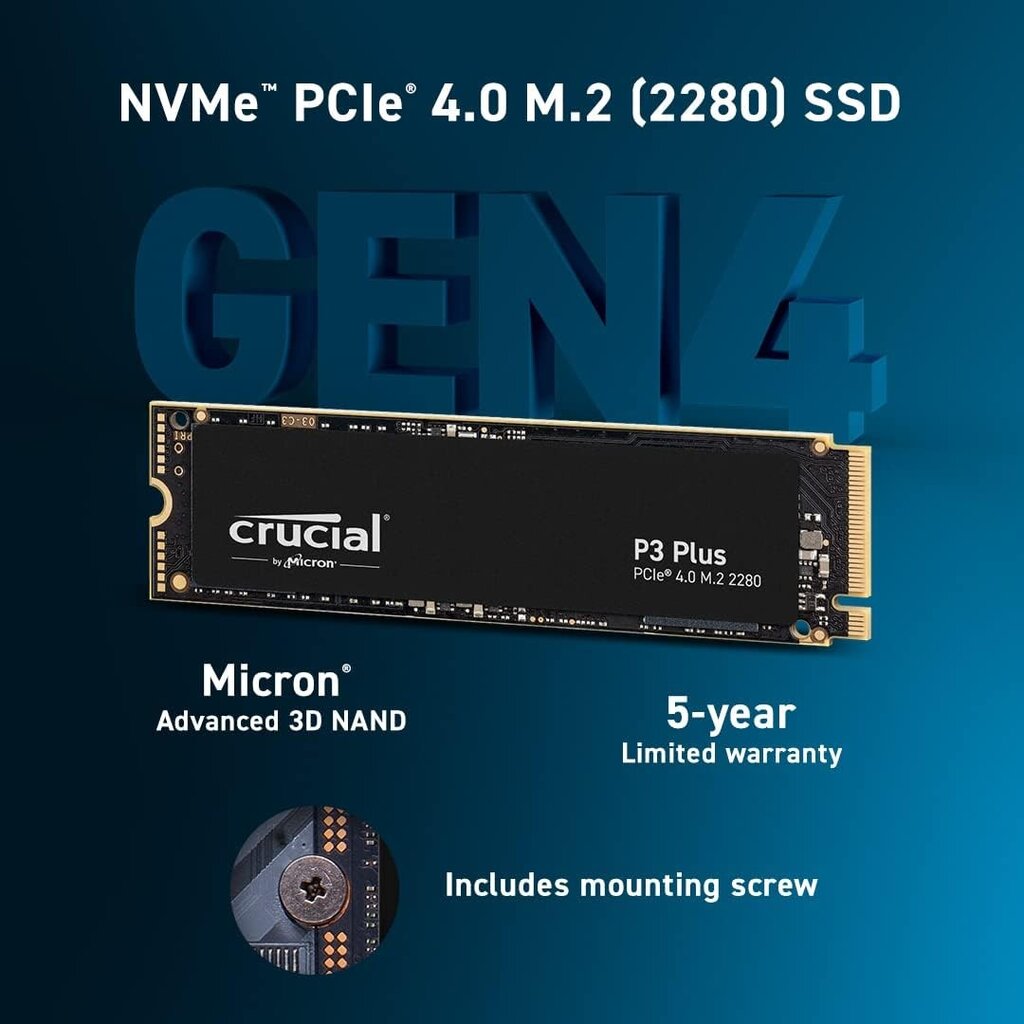 Crucial P3 Plus PCIe 4.0 NVMe M.2 skirtas PC/PS5 2TB kaina ir informacija | Vidiniai kietieji diskai (HDD, SSD, Hybrid) | pigu.lt