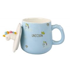 Lean Toys keramikinis puodelis su šaukšteliu ir dangteliu Vienaragis/Unicorn, 350ml, mėlynas цена и информация | Стаканы, фужеры, кувшины | pigu.lt