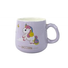 Lean Toys keramikinis puodelis su šaukšteliu ir dangteliu Vienaragis/Unicorn, 350ml, violetinis цена и информация | Стаканы, фужеры, кувшины | pigu.lt