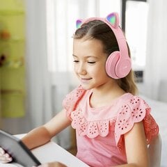 Vaikiškos bluetooth ausinės su LED RGB katės ausimis, rožinės spalvos kaina ir informacija | Ausinės | pigu.lt