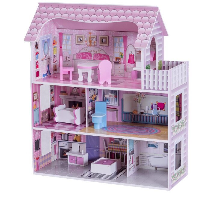 Medinis lėlių namelis su priedais Costway цена и информация | Žaislai mergaitėms | pigu.lt