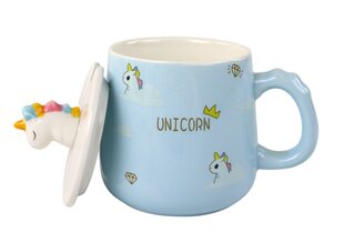 Vaikiškas keraminis puodelis su šaukštu ir dangteliu, vienaragis, mėlynas kaina ir informacija | Taurės, puodeliai, ąsočiai | pigu.lt