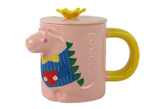 Vaikiškas keraminis puodelis su šaukštu ir dangteliu 3D dinozauras, rožinis цена и информация | Стаканы, фужеры, кувшины | pigu.lt