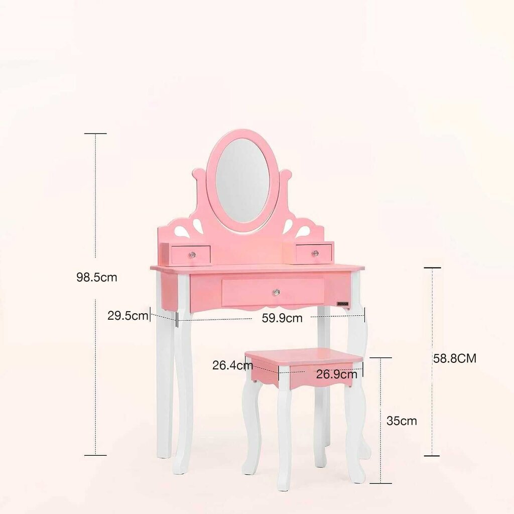 Vaikiškas kosmetinis staliukas su kėdute ir veidrodžiu VG Line KS236-B, baltas/rožinis цена и информация | Kosmetiniai staliukai | pigu.lt