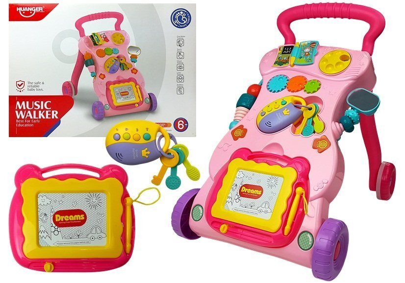 Vaikiškas stumdukas su piešimo lenta ir priedais, rožinis kaina ir informacija | Žaislai kūdikiams | pigu.lt