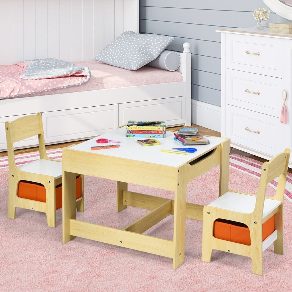 Vaikiškas stalas su 2 kėdėmis Costway, geltonas kaina ir informacija | Vaikiškos kėdutės ir staliukai | pigu.lt