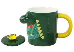 Vaikiškas keraminis puodelis su šaukštu ir dangteliu dinozauras, žalias kaina ir informacija | Taurės, puodeliai, ąsočiai | pigu.lt