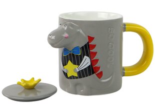 Vaikiškas keraminis puodelis su šaukštu ir dangteliu, dinozauras, pilkas цена и информация | Стаканы, фужеры, кувшины | pigu.lt