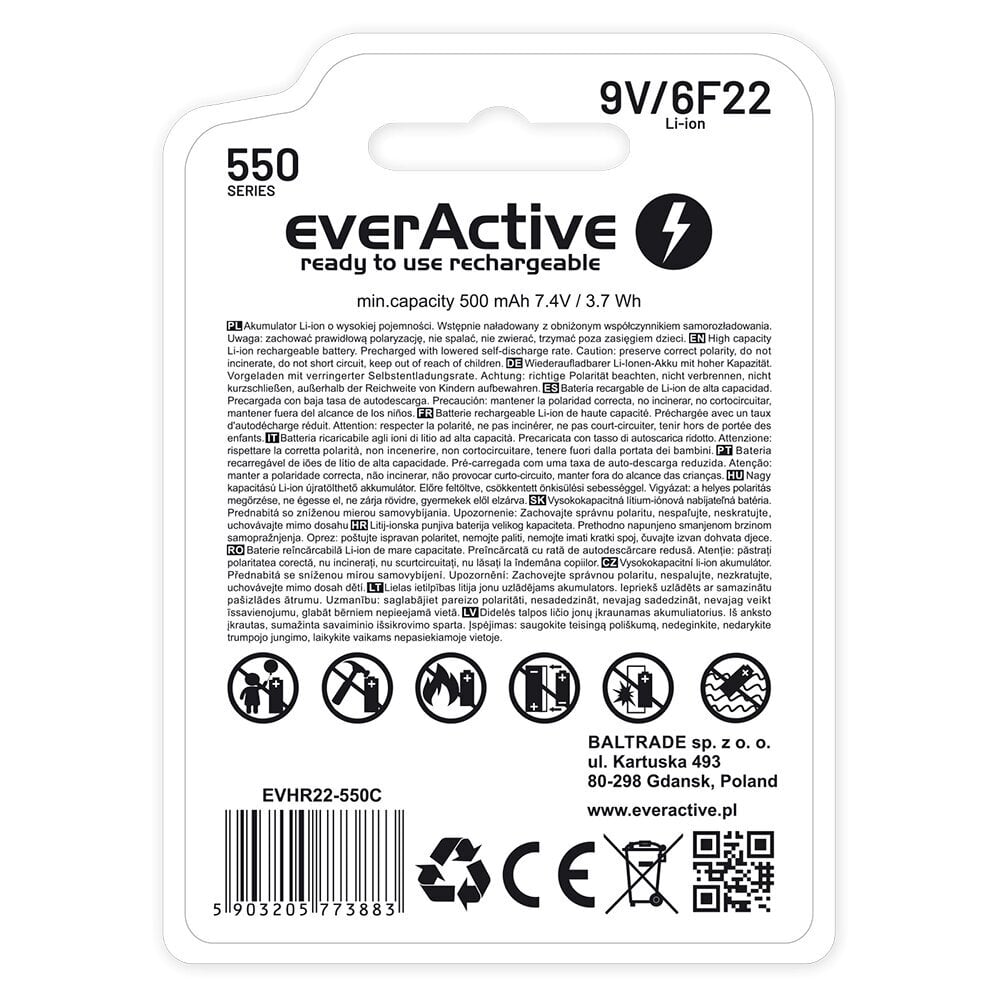 EverActive 6F22/9V 550 mAh kaina ir informacija | Elementai | pigu.lt