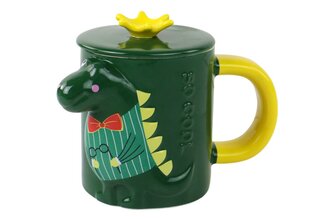 Детская керамическая чашка с ложкой и крышкой, динозавр, зеленая цена и информация | Стаканы, фужеры, кувшины | pigu.lt