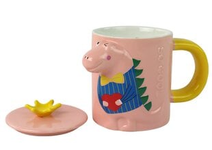 Детская керамическая чашка с ложкой и крышкой, 3D динозавр, розовая цена и информация | Стаканы, фужеры, кувшины | pigu.lt