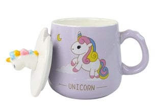 Vaikiškas keraminis puodelis su šaukštu ir dangteliu, violetinis kaina ir informacija | Taurės, puodeliai, ąsočiai | pigu.lt