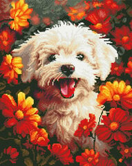 Deimantinė mozaika OhArt Šuniukas gėlėse 40x50 cm kaina ir informacija | Deimantinės mozaikos | pigu.lt