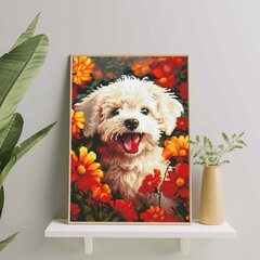 Deimantinė mozaika OhArt Šuniukas gėlėse 40x50 cm kaina ir informacija | Deimantinės mozaikos | pigu.lt