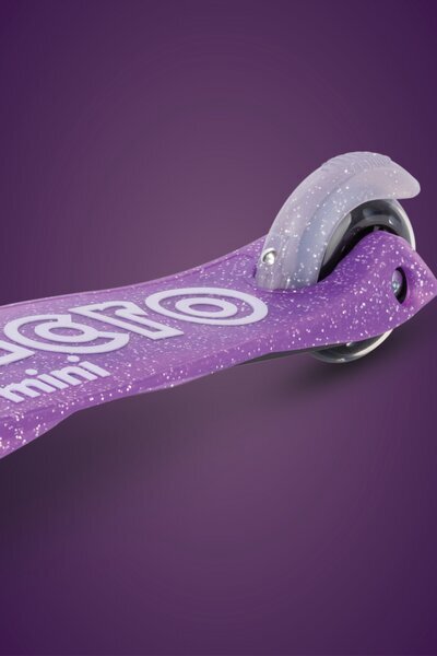 Triratis vaikiškas paspirtukas Micro Mini Deluxe Fairy Glitter LED, violetinis kaina ir informacija | Paspirtukai | pigu.lt
