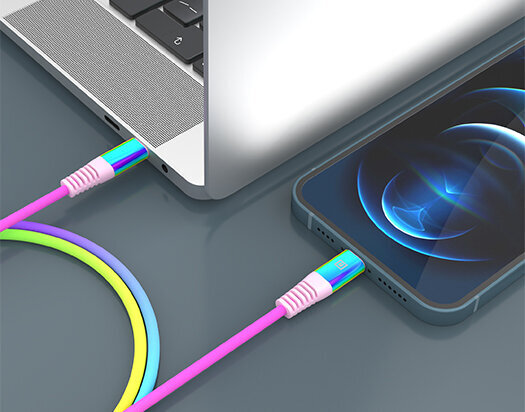 USB-C to Lightning Cable, MFI PD USB Type C – žaibo vaivorykštė, Real-El kaina ir informacija | Adapteriai, USB šakotuvai | pigu.lt