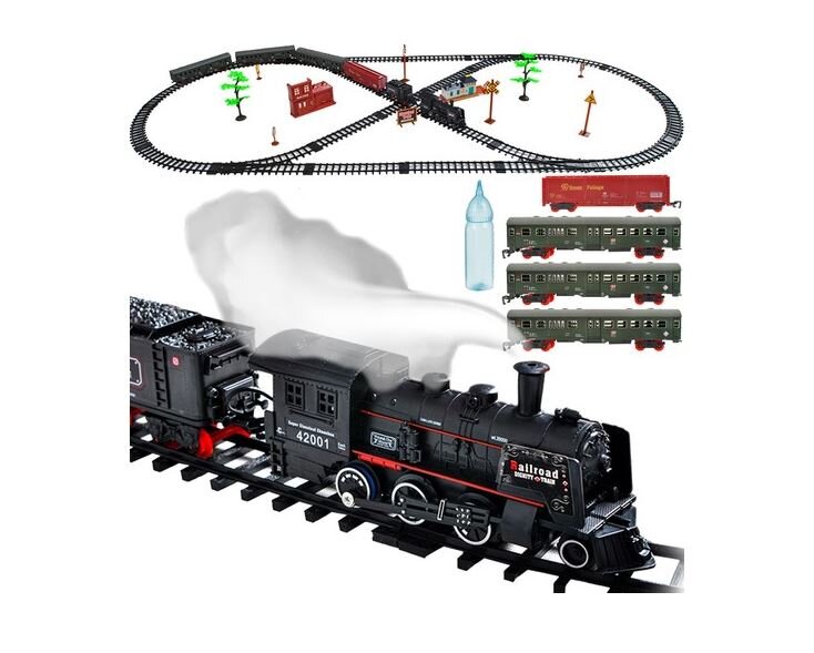 Elektrinis vaikiškas traukinukas su geležinkelio bėgiais ir garais kaina ir informacija | Žaislai berniukams | pigu.lt