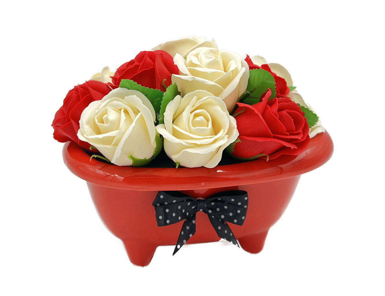 Raudonų ir baltų muilo rožių puokštė keramikinėje vonelėje Vonios rojus kaina ir informacija | Muilai | pigu.lt