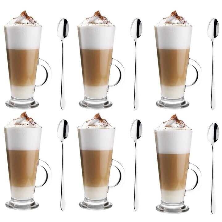 Puodeliai Latte kavai, 6x310 ml, 6 vnt. su ilgais šaukšteliais, 6 vnt. kaina ir informacija | Taurės, puodeliai, ąsočiai | pigu.lt