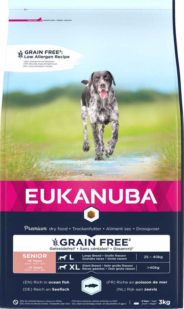 Eukanuba Grain Free Senior Large Ocean Fish didelių veislių šunims su žuvimi, 3 kg цена и информация | Sausas maistas šunims | pigu.lt