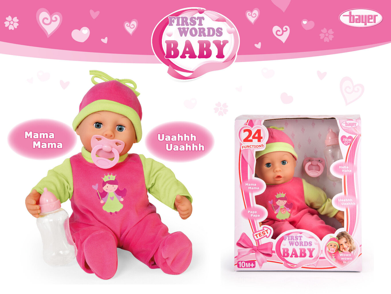 Lėlė Bayer Baby, rožinė, 38cm цена и информация | Žaislai mergaitėms | pigu.lt