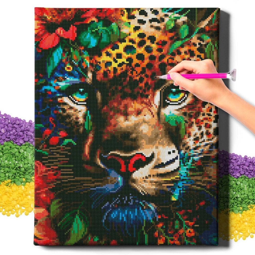 Deimantinė mozaika 5D Diamond Painting Oh Art! Jaguaras ir gėlės, 40x50 cm kaina ir informacija | Deimantinės mozaikos | pigu.lt