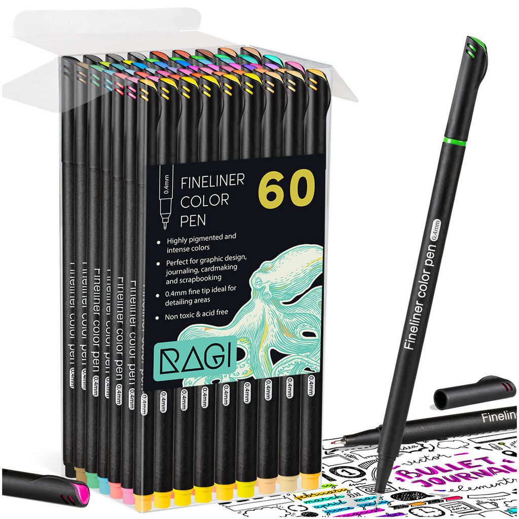 Spalvotų rašiklių rinkinys Ragi Fineliner, 60 vnt. kaina ir informacija | Piešimo, tapybos, lipdymo reikmenys | pigu.lt