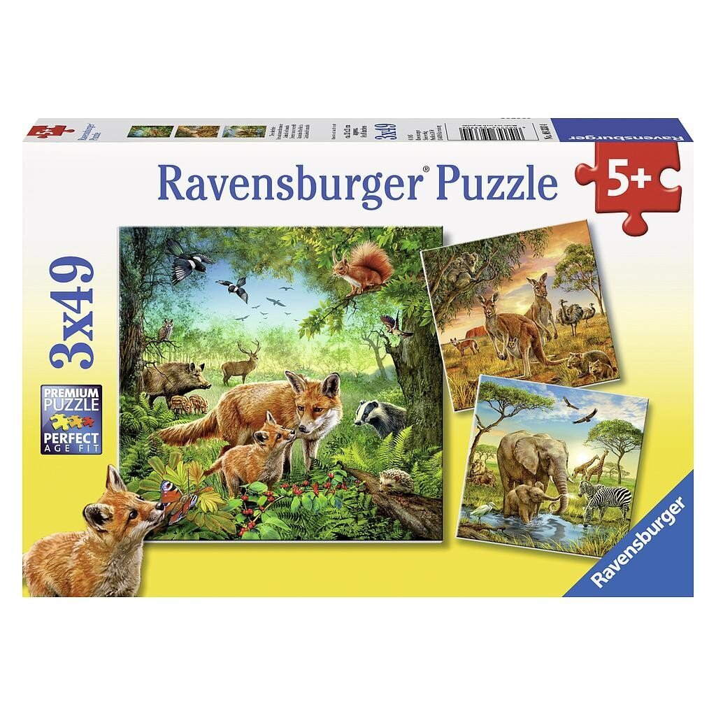 Dėlionės Pasaulio gyvūnai Ravensburger, 3x49d. kaina ir informacija | Dėlionės (puzzle) | pigu.lt