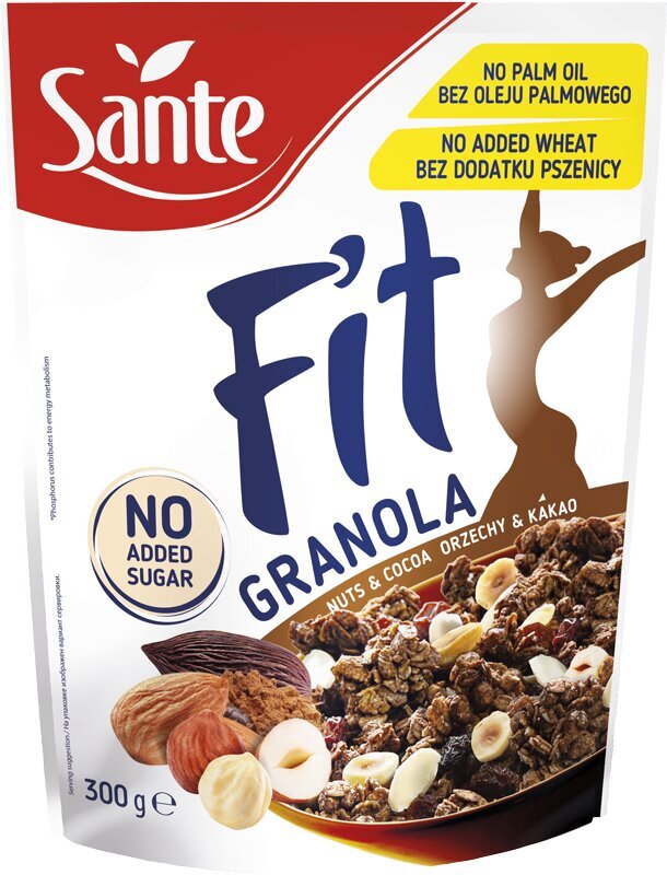 Granola be pridėtinio cukraus Sante Fit Granola Nuts Cocoa, 300 g цена и информация | Kruopos, dribsniai, košės | pigu.lt