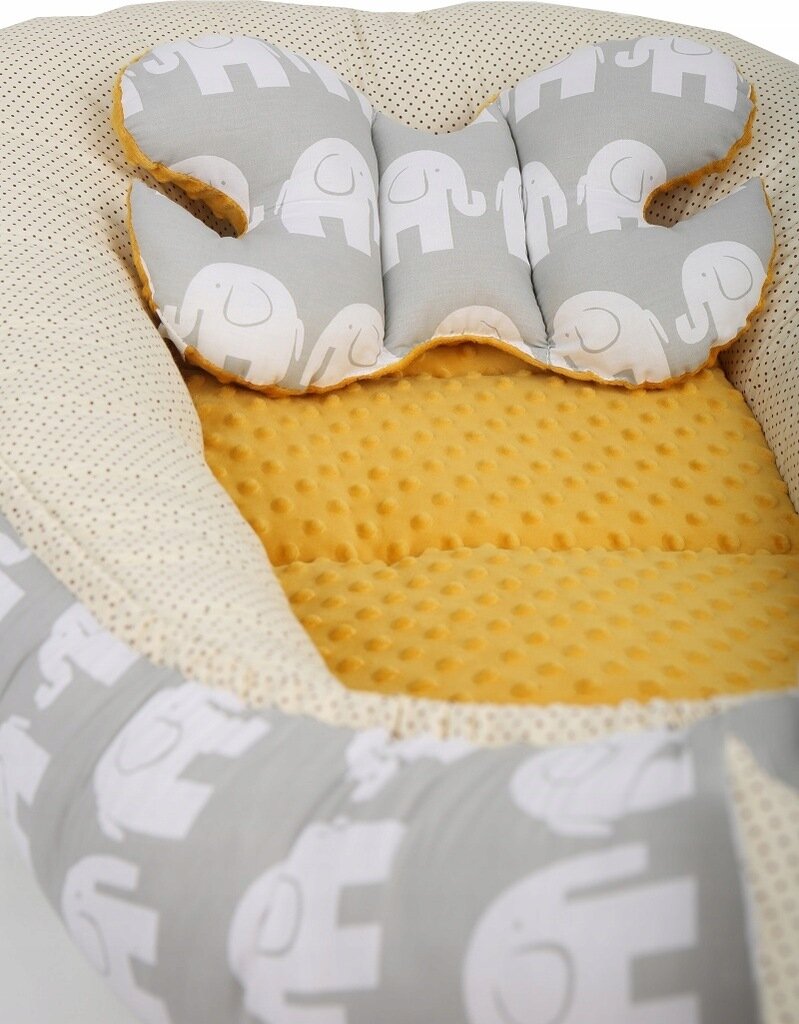 Kūdikio lizdelis su priedais Babymam, 6 dalių, geltonas/pilkas kaina ir informacija | Vokeliai, miegmaišiai, pagalvės | pigu.lt