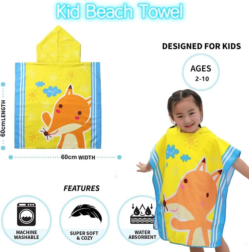Rayson vaikiškas paplūdimio rankšluostis su gobtuvu, pončas, 60x60 cm цена и информация | Rankšluosčiai | pigu.lt