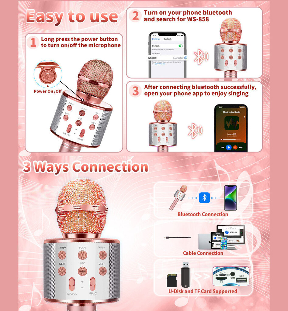 Karaoke mikrofonas su integruotu garsiakalbiu, rožinis цена и информация | Lavinamieji žaislai | pigu.lt
