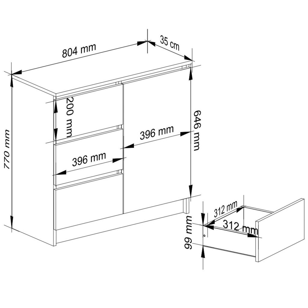 Komoda Akord K80 Jerry 1D 3SZSZ, pilka цена и информация | Komodos | pigu.lt