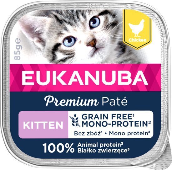 Eukanuba Grain Free Kitten Mono protein katėms su vištiena, 16x85 g kaina ir informacija | Konservai katėms | pigu.lt