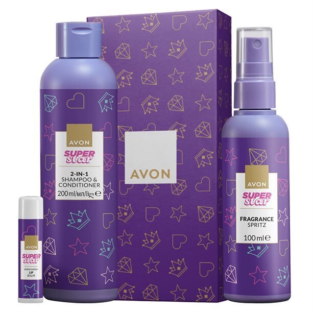 Dovanų rinkinys Avon Super Star mergaitėms: kūno purškiklis, 100 ml + šampūnas ir kondicionierius, 200 ml + lūpų balzamas, 4 g kaina ir informacija | Kosmetika vaikams ir mamoms | pigu.lt
