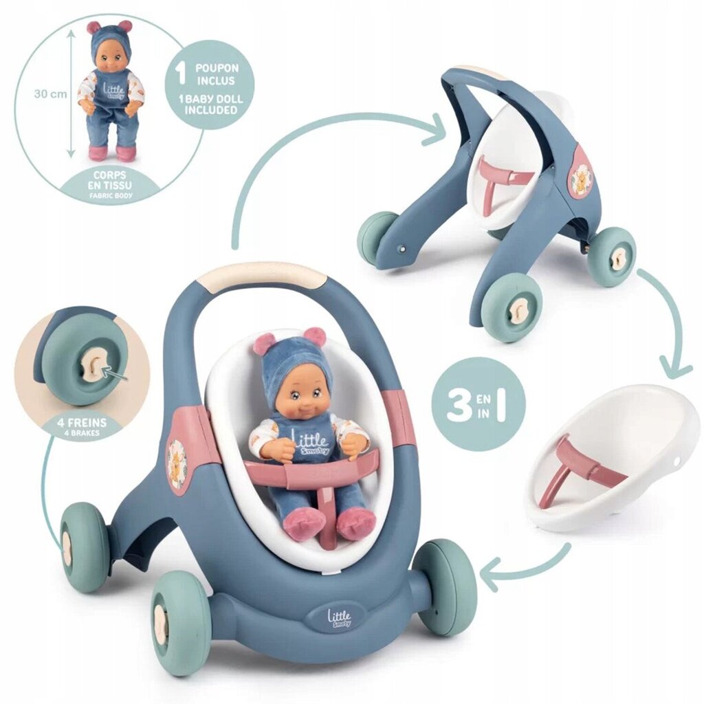Vežimėlis lėlei - vaikštynė Smoby Lean Sweet Girl 3-in-1, mėlynas kaina ir informacija | Žaislai mergaitėms | pigu.lt