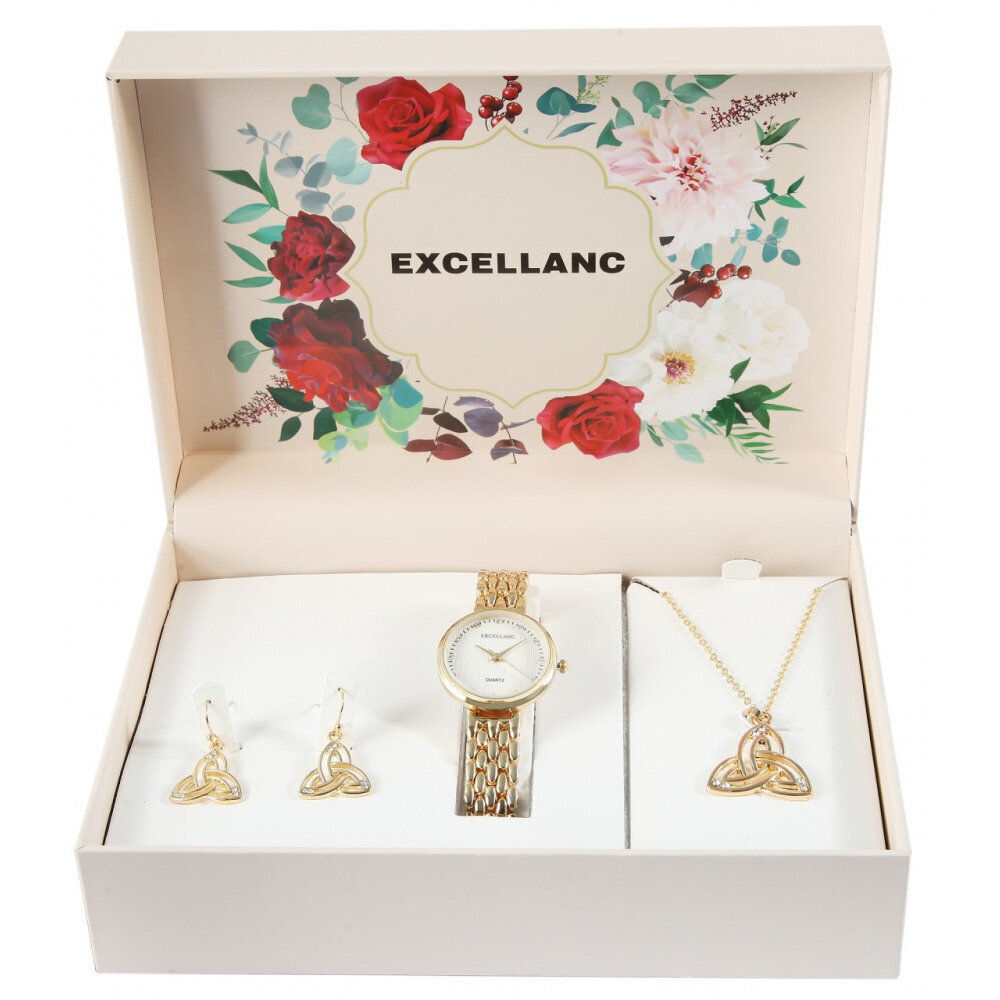 Moteriškas dovanų rinkinys Excellanc - laikrodis, vėrinys su pakabuku ir auskarais, geltono aukso spalvos kaina ir informacija | Moteriški laikrodžiai | pigu.lt