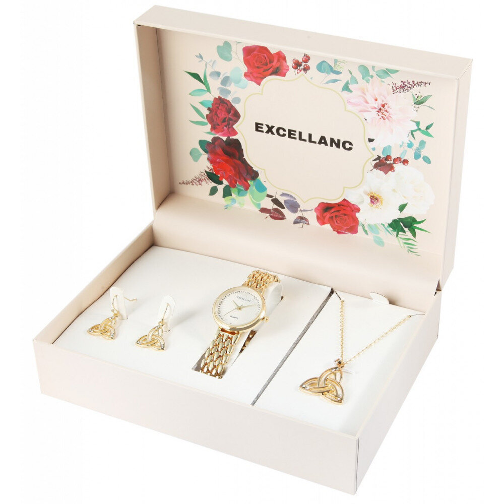 Moteriškas dovanų rinkinys Excellanc - laikrodis, vėrinys su pakabuku ir auskarais, geltono aukso spalvos kaina ir informacija | Moteriški laikrodžiai | pigu.lt