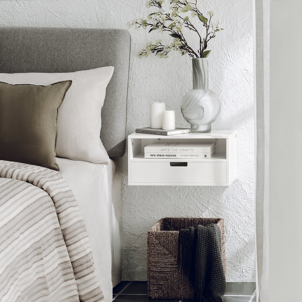 Naktinis staliukas ant sienos su stalčiumi miegamajam SoBuy, baltas kaina ir informacija | Spintelės prie lovos | pigu.lt