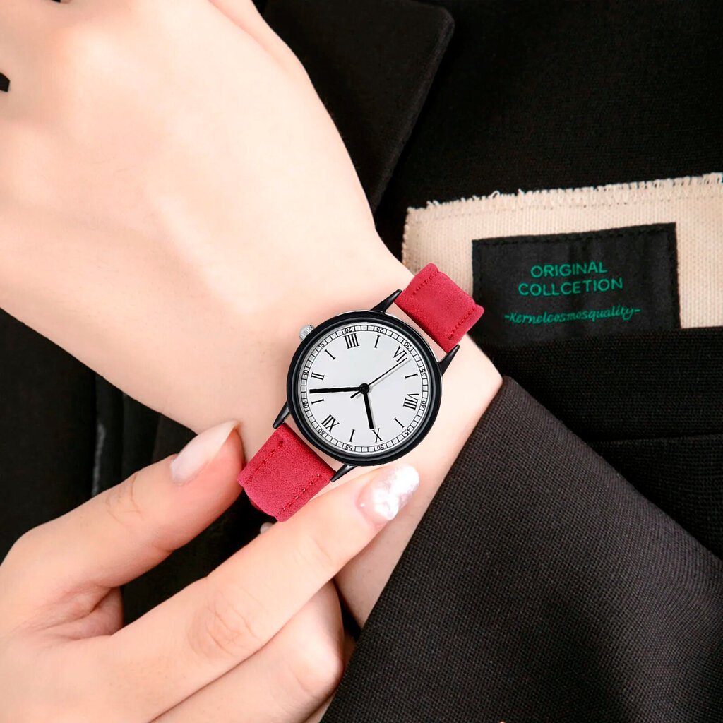 Apvalus kvarcinis laikrodis, raudonas kaina ir informacija | Moteriški laikrodžiai | pigu.lt