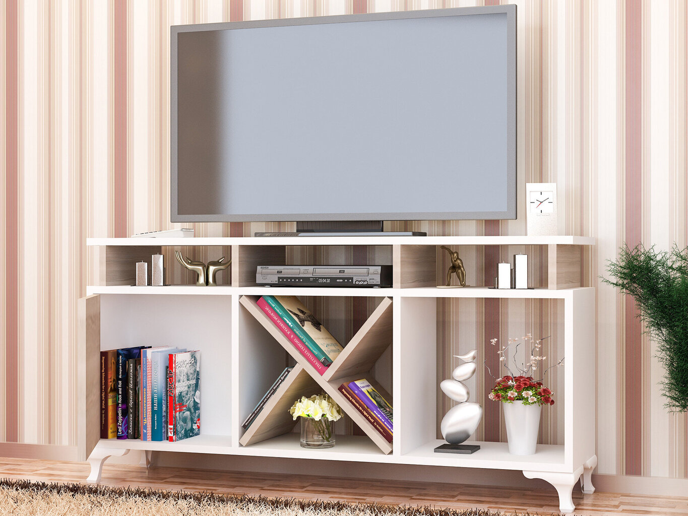 TV staliukas Asir, 120x53,6x29,5 cm, baltas/rudas kaina ir informacija | TV staliukai | pigu.lt