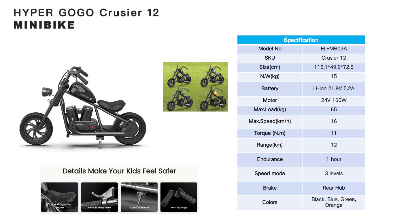 Vienvietis vaikiškas elektrinis motociklas Hyper Gogo Cruiser 12, oranžinis kaina ir informacija | Elektromobiliai vaikams | pigu.lt
