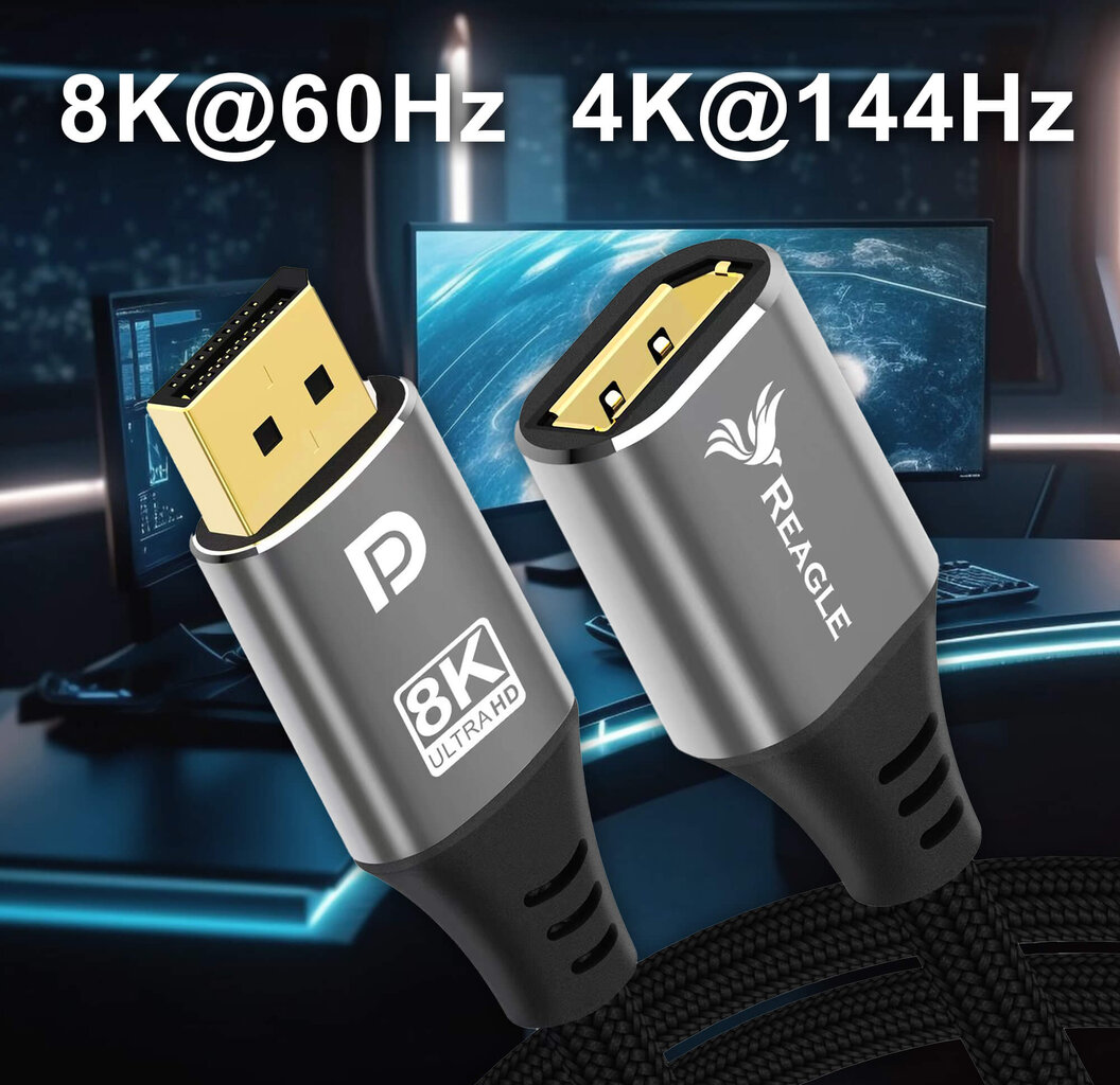 Reagle DisplayPort plėstuvas 1.4 DP 8K 4K@144Hz 50 CM kaina ir informacija | Korpusų priedai | pigu.lt